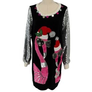 33 Degrees Ugly Christmas Sweater Dress Black Flamingo Sequin Sleeves L